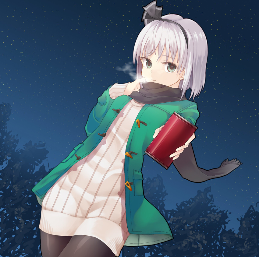 black_hairband breath coat contemporary dress dutch_angle green_eyes hairband highres konpaku_youmu long_sleeves looking_at_viewer night night_sky outdoors ribbed_sweater ribbon scarf short_hair silver_hair sky soft_drink solo standing sweater sweater_dress tauta_(meshia8787) thighhighs touhou tree