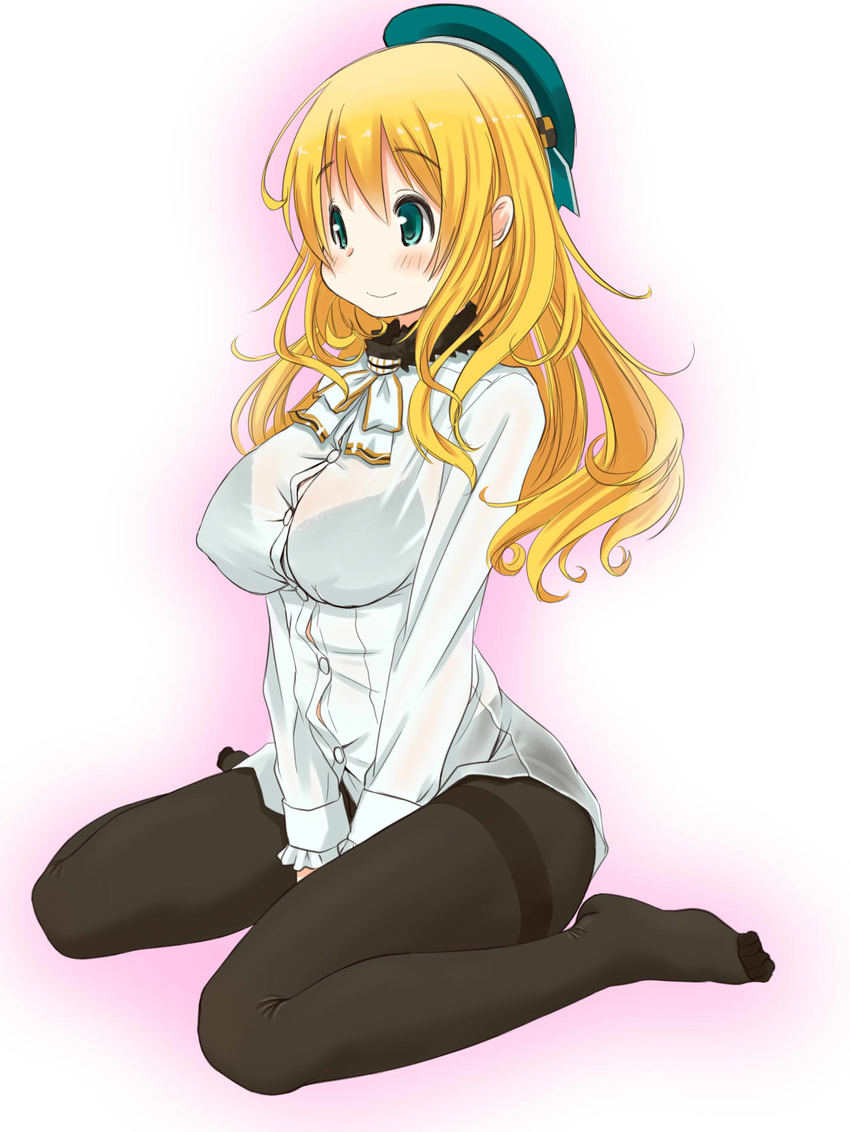 atago_(kantai_collection) beret black_legwear blonde_hair blue_eyes blush bra breasts hat highres kantai_collection large_breasts long_hair pantyhose retsumaru revision see-through sitting smile solo thighband_pantyhose underwear