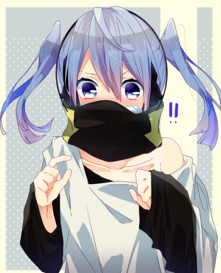 bad_id bad_pixiv_id blue_eyes blue_hair blush cosplay covered_mouth ene_(kagerou_project) headphones highres kagerou_project konoha_(kagerou_project) konoha_(kagerou_project)_(cosplay) long_hair nako_(inamenaihane) oversized_clothes solo twintails