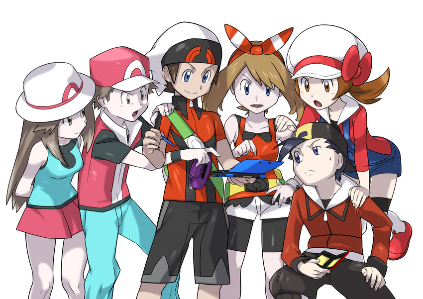 3girls absurdres backwards_hat bag baseball_cap black_hair blue_(pokemon) blue_eyes bracelet brown_eyes brown_hair cabbie_hat curious donnpati fanny_pack game_boy_advance gold_(pokemon) hair_ribbon handheld_game_console haruka_(pokemon) hat hat_ribbon highres jewelry kotone_(pokemon) long_hair multiple_boys multiple_girls nintendo_3ds nintendo_ds official_style overalls pokemon pokemon_(game) pokemon_frlg pokemon_hgss pokemon_oras red_(pokemon) red_(pokemon_frlg) red_skirt ribbon shirt short_hair short_shorts shorts shoulder_bag skirt sleeveless sleeveless_shirt thighhighs twintails white_background yuuki_(pokemon)