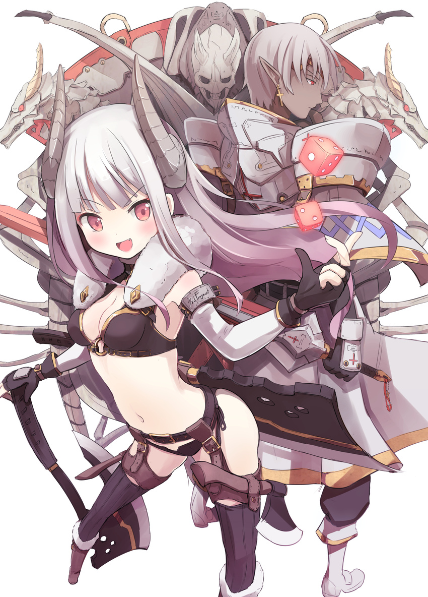 1girl :d axe breasts cleavage dengeki_bunko dice elbow_gloves fang fingerless_gloves gloves highres horns isegawa_yasutaka long_hair medium_breasts open_mouth original pointy_ears red_eyes silver_hair smile sword thighhighs v-shaped_eyebrows weapon