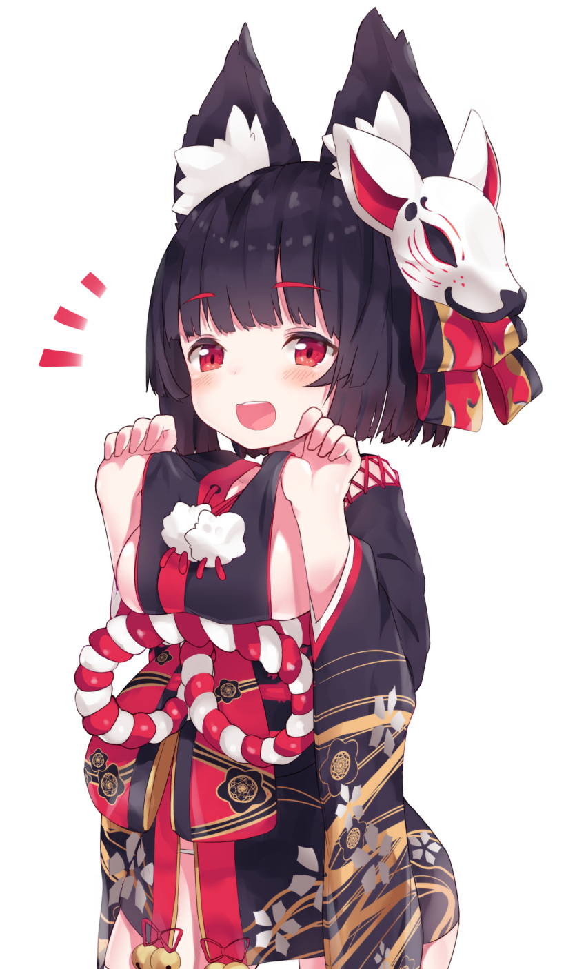 1girl animal_ears azur_lane bangs bell black_hair black_kimono blunt_bangs blush breasts cat_ears cat_mask commentary eyebrows_visible_through_hair fox_mask highres japanese_clothes jingle_bell kimono mask mask_on_head open_mouth paryi short_kimono sideboob simple_background solo tail tail_bell white_background yamashiro_(azur_lane)