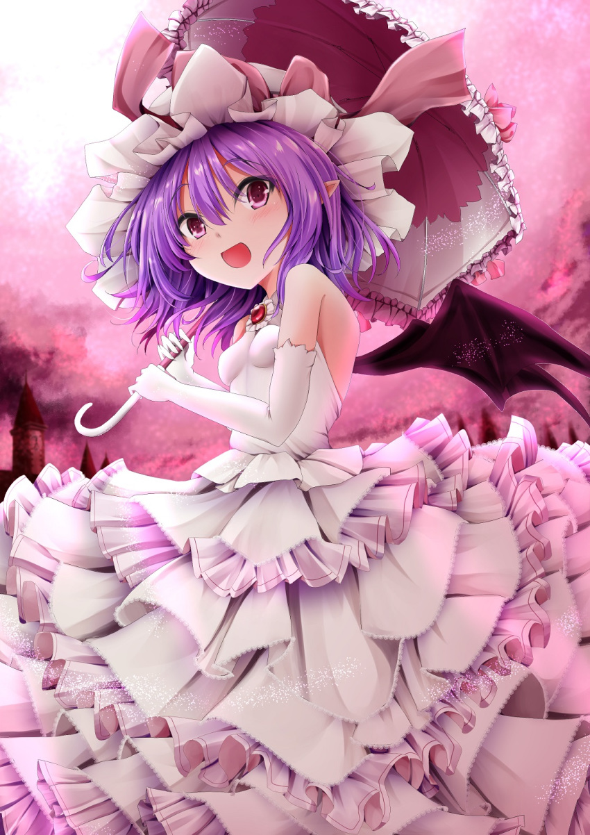 1girl :d alternate_costume backless_dress backless_outfit bare_shoulders bat_wings blush breasts brooch cloud commentary cowboy_shot dress dutch_angle elbow_gloves frilled_dress frills from_side gloves hair_between_eyes halter_dress hat hat_ribbon head_tilt highres holding holding_umbrella jewelry kitora_(kisekinonameko) light_particles looking_at_viewer mob_cap open_mouth outdoors pink_eyes pink_sky pointy_ears purple_hair red_eyes remilia_scarlet ribbon ruby_(gemstone) scarlet_devil_mansion short_hair small_breasts smile solo standing thick_eyebrows touhou umbrella white_dress white_gloves wings
