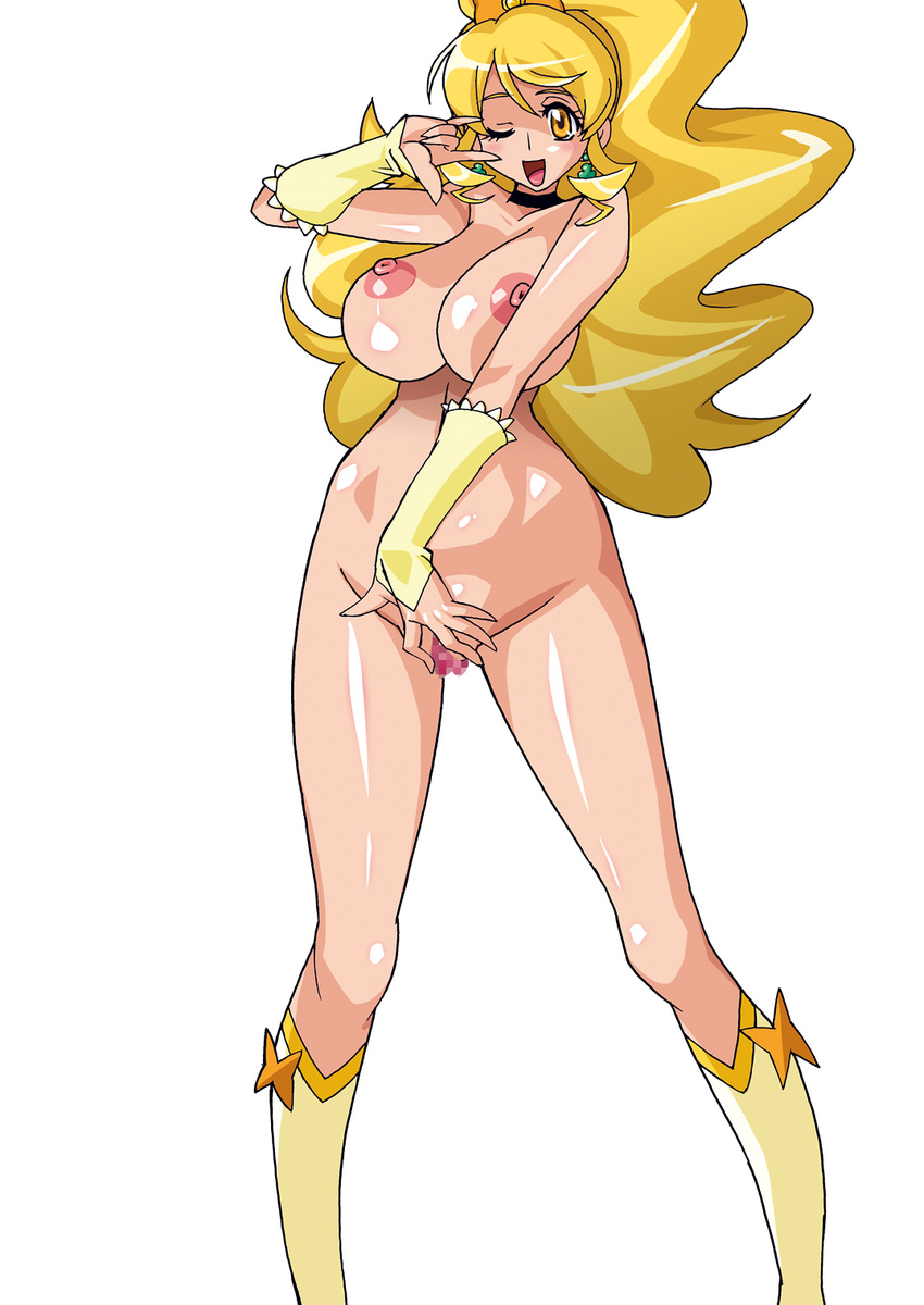 1girl areolae blonde_hair breasts censored cg choker cure_honey curvy earrings female female_masturbation hair_ornament hair_ribbon happinesscharge_precure! highres huge_breasts jewelry kneehighs long_hair masturbation navel nude oomori_yuuko open_mouth precure pussy raisuta ribbon shiny shiny_skin simple_background smile solo standing thigh_gap wavy_hair white_background wide_hips wink yellow_eyes