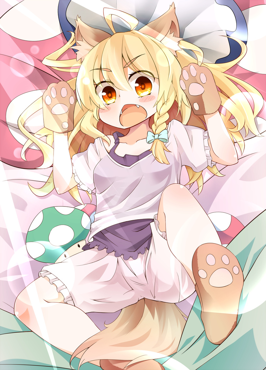 absurdres animal_ears big_bad_wolf big_bad_wolf_(cosplay) big_bad_wolf_(grimm) blonde_hair bloomers braid chemise cosplay dorowa_no_hito fangs gloves highres kirisame_marisa little_red_riding_hood lying mushroom on_back open_mouth paw_gloves paw_shoes paws pillow shirt shoes single_braid solo star star-shaped_pupils symbol-shaped_pupils tail touhou underwear wolf_ears wolf_tail yellow_eyes
