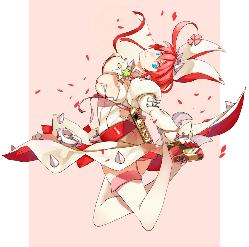 1girl ahoge arc_system_works artist_request blue_eyes breasts bridal_veil cleavage clover dress elphelt_valentine four-leaf_clover garter_straps gloves guilty_gear guilty_gear_xrd gun high_heels laio large_breasts looking_at_viewer looking_back red_hair rose roses short_hair smile solo spikes thighhighs veil weapon wedding_dress