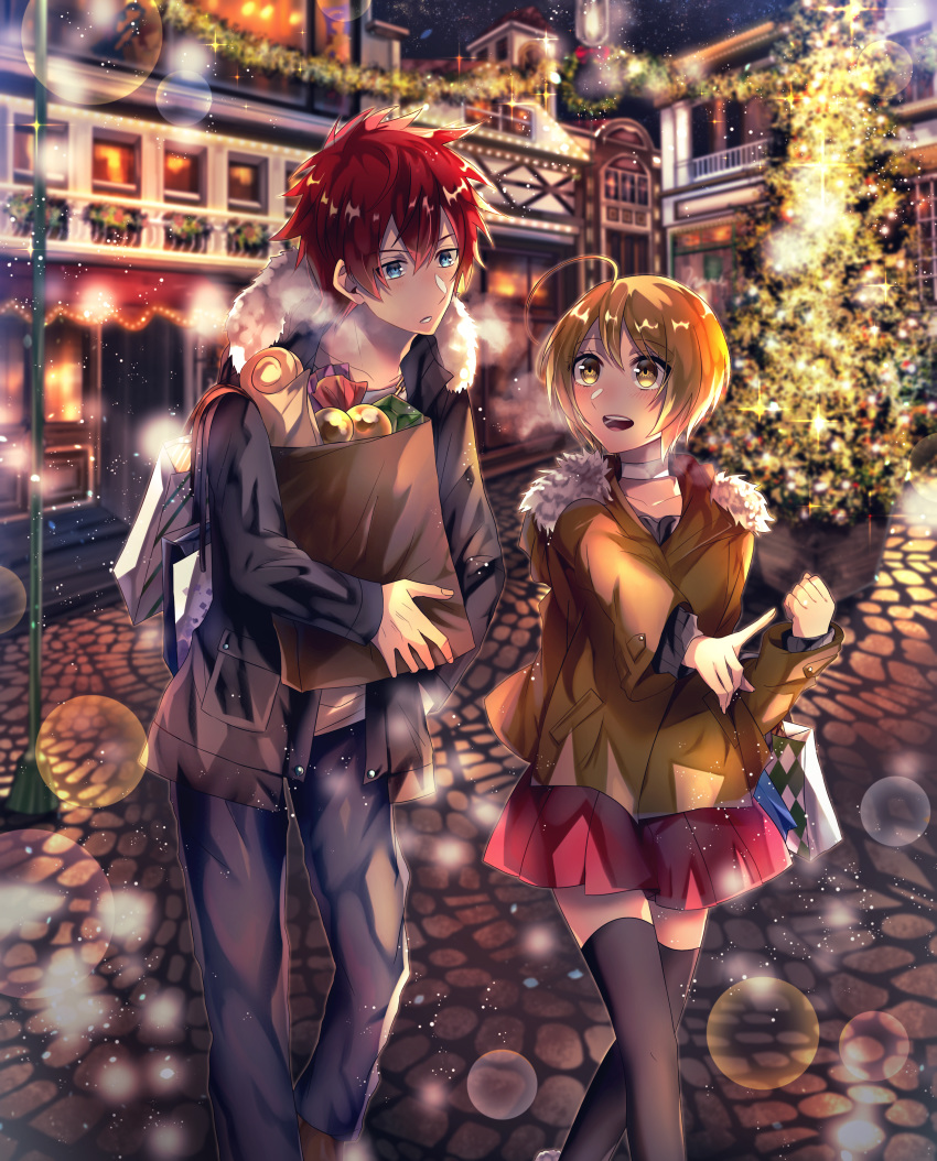 1boy 1girl :d absurdres ahoge bag black_coat blonde_hair blue_eyes blurry blurry_background brown_coat choker christmas christmas_tree city clenched_hand coat cobblestone eye_contact fur_trim getsuyoubi harryham_harry highres huge_filesize hugtto!_precure index_finger_raised kagayaki_homare lamppost lens_flare_abuse looking_at_another night open_mouth outdoors pants pocket precure red_hair red_skirt shopping_bag short_hair skirt smile sparkle thighhighs white_choker