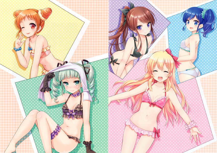 5girls :d ;p ^_^ absurdres aikatsu! aikatsu!_(series) arisugawa_otome ass bangs bead_bracelet beads bikini black_bikini black_ribbon bleed_through blonde_hair blue_eyes blue_hair blush bracelet breasts brown_hair choker cleavage closed_eyes collarbone double_bun drill_hair fang fang_out frilled_bikini frilled_choker frills gloves green_eyes green_hair hair_ribbon halterneck highres hoshimiya_ichigo huge_filesize jewelry k.y_ko kiriya_aoi leaning_forward leg_garter long_hair looking_at_viewer lowleg lowleg_bikini multiple_girls navel one_eye_closed open_mouth orange_bikini orange_eyes orange_hair pink_bikini pink_ribbon plaid plaid_background polka_dot polka_dot_background purple_eyes ribbon scan scan_artifacts scrunchie shibuki_ran side-tie_bikini side_ponytail small_breasts smile sweatdrop swept_bangs swimsuit tongue tongue_out toudou_yurika twin_drills twintails white_bikini wrist_scrunchie