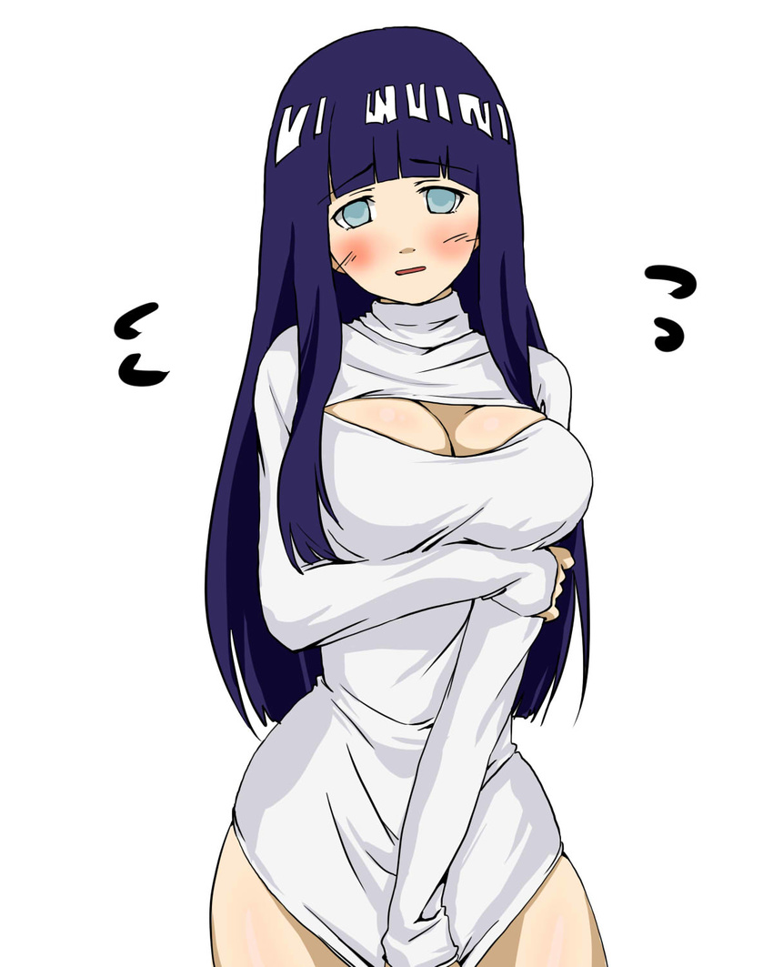 1girl artist_request blush breasts cleavage cleavage_cutout embarrassed hime_cut hyuuga_hinata iwaserie lavender_eyes naruto open-chest_sweater purple_hair shirt_pull sweater turtleneck