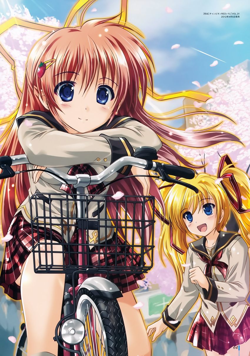 2girls :d absurdres ayasaka_mei bangs bare_legs bicycle bicycle_basket blonde_hair blue_eyes blue_sky cherry_blossoms crossed_arms dated day food food_themed_hair_ornament fruit ground_vehicle hagano_ichigo hair_ornament hair_ribbon hairclip highres huge_filesize komatsu_eiji leaning_forward long_hair long_sleeves looking_at_another looking_at_viewer multiple_girls neckerchief open_mouth original outdoors page_number petals pink_hair pink_skirt plaid plaid_neckwear plaid_skirt red_ribbon ribbon sailor_collar school_uniform serafuku sitting skirt sky smile standing strawberry strawberry_hair_ornament sunlight twintails yellow_ribbon