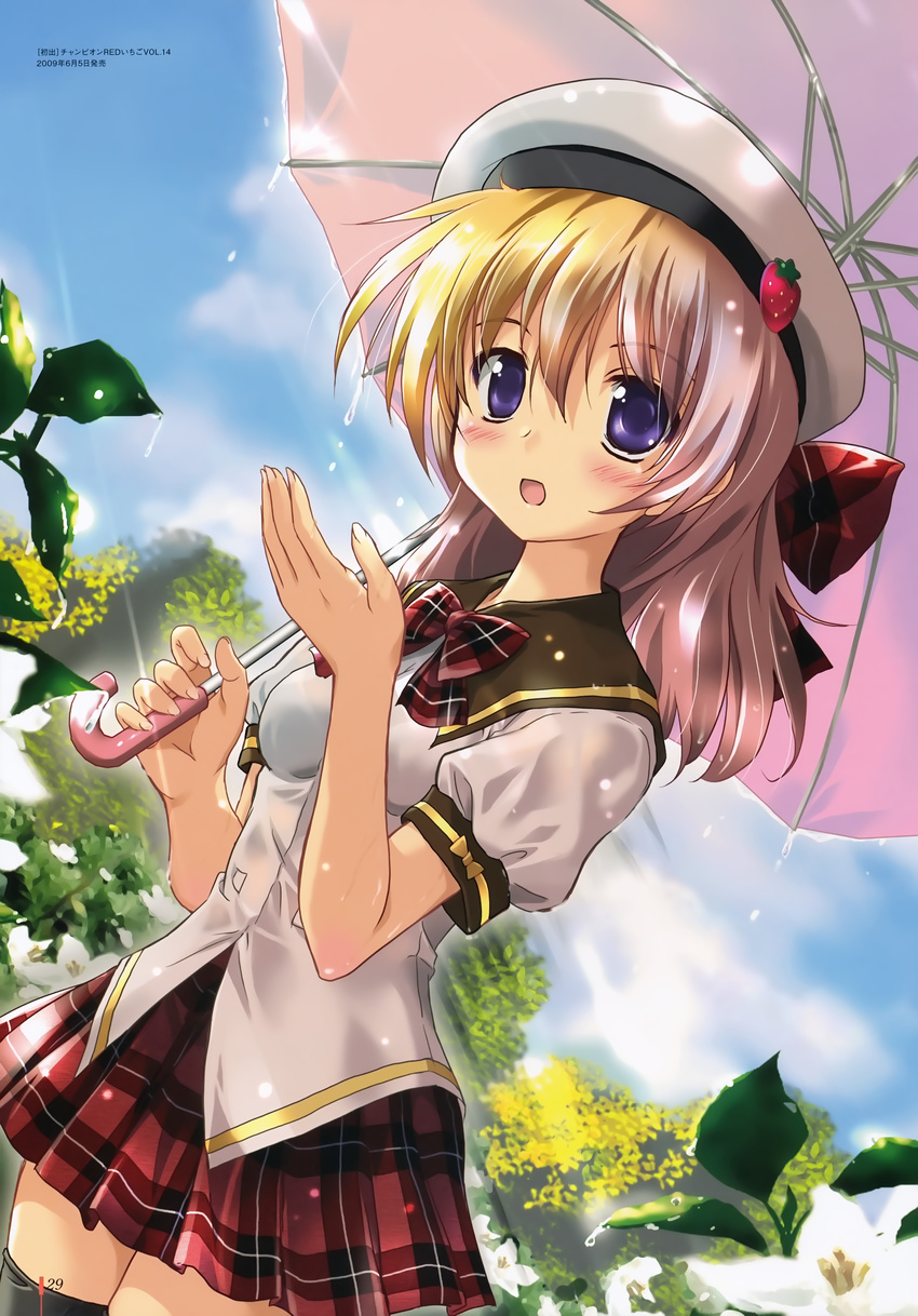 absurdres black_legwear blonde_hair blue_eyes blush bow copyright_request day dripping eyebrows_visible_through_hair flower food food_themed_hair_ornament fruit hair_ornament hat highres holding holding_umbrella komatsu_eiji long_hair open_mouth outdoors page_number plaid plaid_bow pleated_skirt rain school_uniform short_sleeves skirt sky solo strawberry strawberry_hair_ornament thighhighs tree umbrella wet