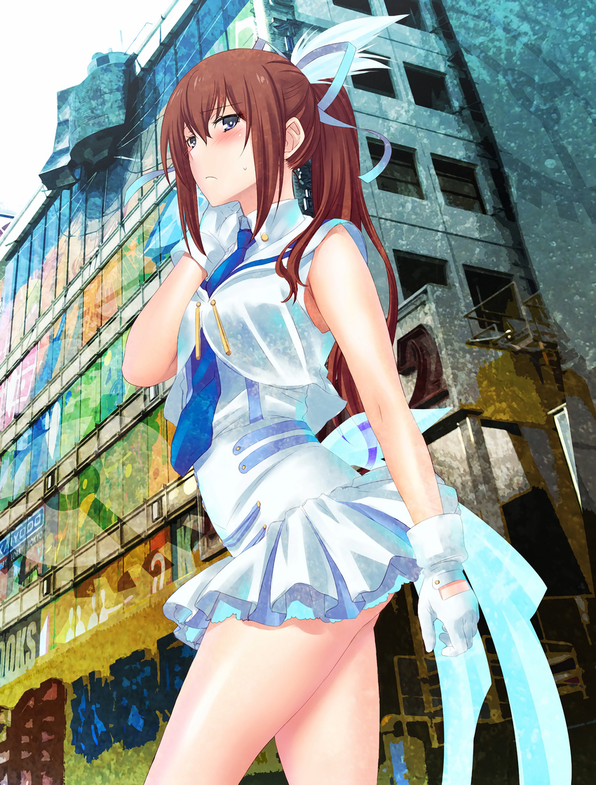 absurdres akihabara_(tokyo) alternate_costume ayase_eli ayase_eli_(cosplay) black_eyes blue_neckwear blush building cosplay from_below gloves hair_ribbon highres long_hair looking_at_viewer love_live! love_live!_school_idol_project makise_kurisu miniskirt necktie outdoors pleated_skirt red_hair ribbon shoumaru_(gadget_box) sidelocks skirt sky sleeveless solo standing steins;gate sweatdrop tokyo_(city) wing_collar wonderful_rush