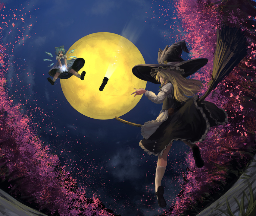 berabou blonde_hair blue_eyes blue_hair bow braid broom broom_riding cherry_blossoms cirno dress flashlight full_moon hair_bow hat highres ice ice_wings kirisame_marisa long_hair moon multiple_girls night open_mouth petals ribbon short_hair star touhou tree wings witch_hat yousei_daisensou