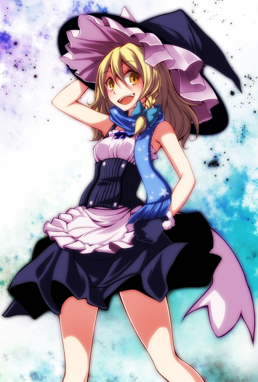 :d adapted_costume apron bad_id bad_pixiv_id black_gloves blonde_hair blue_scarf bow braid breasts clenched_hand cowboy_shot dress gloves hair_bow hand_on_headwear hat hat_ribbon highres kirisame_marisa looking_at_viewer open_mouth ribbon s-syogo scarf single_braid sleeveless sleeveless_dress small_breasts smile solo star star_print touhou waist_apron witch_hat yellow_eyes