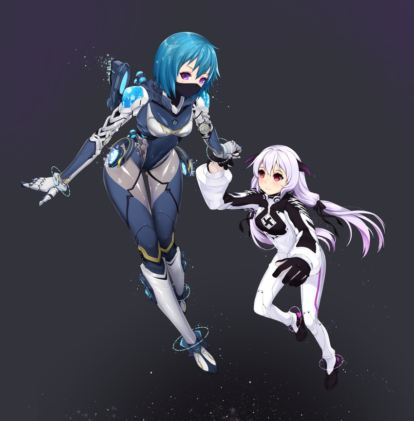 absurdres alpha_(acerailgun) android armor bad_id bad_pixiv_id blue_hair bodysuit borrowed_character breasts cecilia_(acerailgun) clothes_writing floating floating_object gloves grey_background highres holding_hands hologram horns hoshi_usagi large_breasts lavender_hair light_particles long_hair looking_at_viewer looking_up mask multiple_girls original purple_eyes red_eyes shiny shiny_clothes short_hair simple_background small_breasts smile space spacesuit thrusters twintails zero_gravity