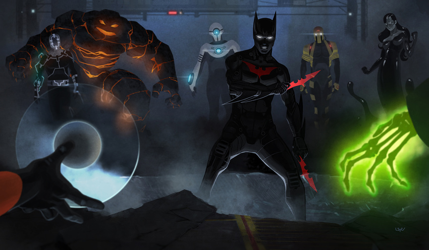 animal_ears armor batman batman_(series) batman_beyond black_hair blight_(dc) bodysuit dc_comics doctor_phosphorus dual_wielding fighting_stance glowing glowing_eyes goo_girl helmet inque magma mask monster monster_girl multiple_boys power_armor repeller rewire road shriek spellbinder street tentacle terry_mcginnis transformation weapon