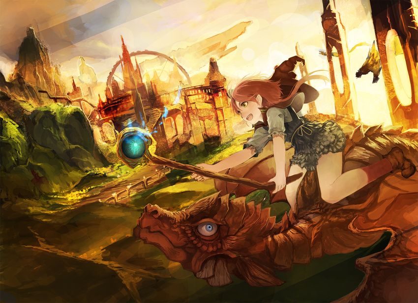 building dragon fantasy flying hat highres light_particles magic mountain open_mouth original ponytail red_hair riding rikkido short_hair smile solo staff witch_hat wizard yellow_eyes