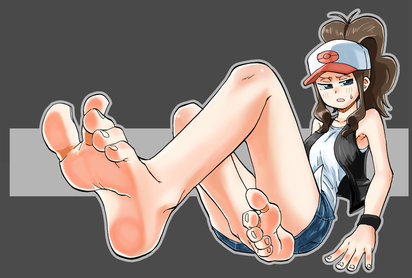 barefoot baseball_cap blue_eyes blush brown_hair denim denim_shorts feet hat legs long_hair looking_to_the_side pokemon pokemon_(game) pokemon_bw ponytail pov_feet shorts sitting soles solo sweatdrop toes touko_(pokemon) upset vest wiggling_toes wristband yuzu_gin_(pika97)