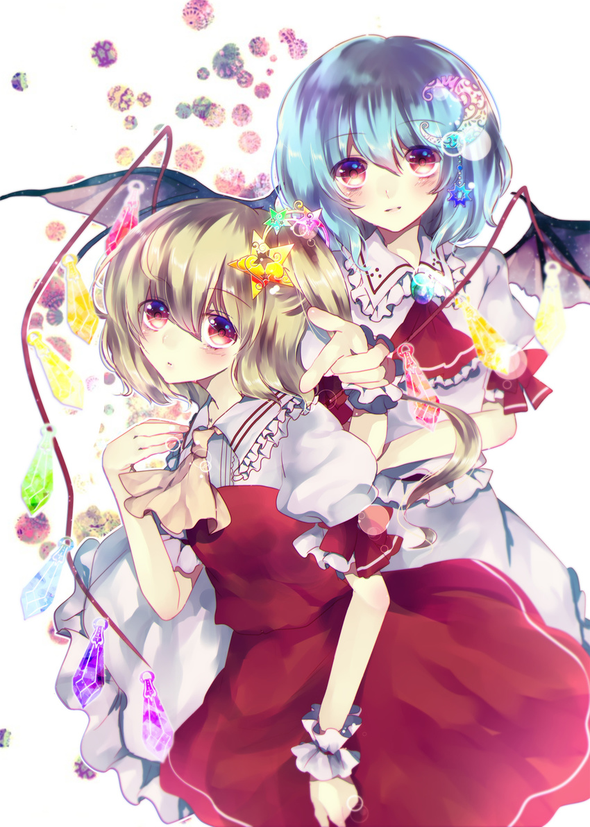 ascot bad_id bad_pixiv_id bat_wings blonde_hair blue_hair brooch crescent crescent_hair_ornament dress flandre_scarlet ginzuki_ringo hair_ornament highres jewelry looking_at_viewer multiple_girls pink_eyes puffy_short_sleeves puffy_sleeves red_dress remilia_scarlet shirt short_sleeves siblings side_ponytail sisters star star_hair_ornament touhou white_dress wings wrist_cuffs