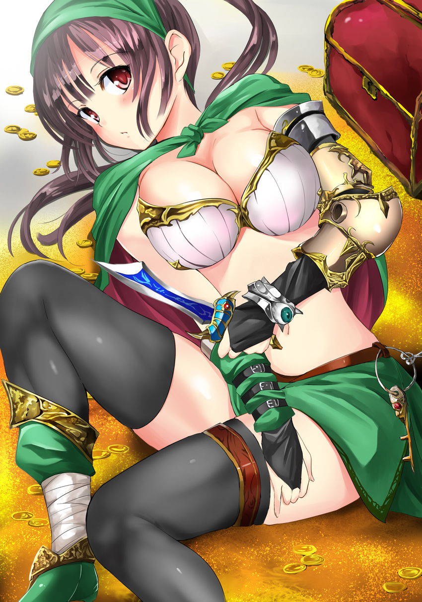 absurdres bandana black_legwear blush breasts bridal_gauntlets brown_hair cape cleavage coin highres knife large_breasts looking_at_viewer miracle_hoshi navel original ponytail red_eyes solo thighhighs treasure_chest