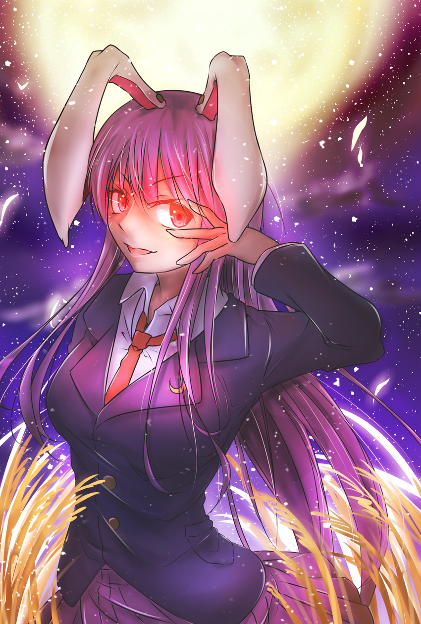 animal_ears blazer breasts bunny_ears cowboy_shot full_moon glowing glowing_eyes hand_on_own_face highres jacket long_hair medium_breasts moon necktie open_mouth purple_hair purple_skirt red_eyes red_neckwear reisen_udongein_inaba shikitsuki skirt sky smile solo star_(sky) starry_sky touhou very_long_hair wheat_field