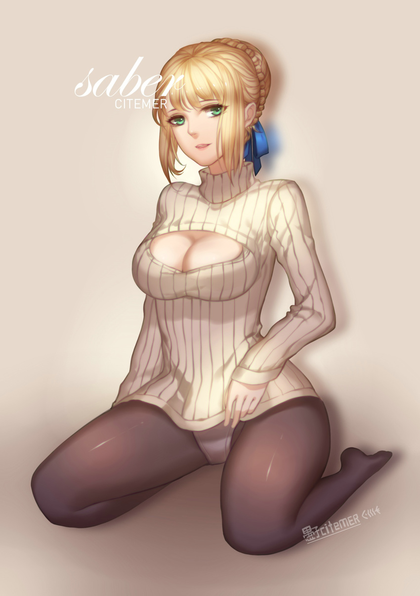 artist_name artoria_pendragon_(all) black_legwear blonde_hair blue_eyes breasts character_name citemer cleavage_cutout fate/stay_night fate_(series) green_eyes hair_bun hair_ribbon highres kneeling long_hair medium_breasts meme_attire no_bra open-chest_sweater panties panties_under_pantyhose pantyhose parted_lips ribbon saber see-through simple_background smile solo sweater underwear