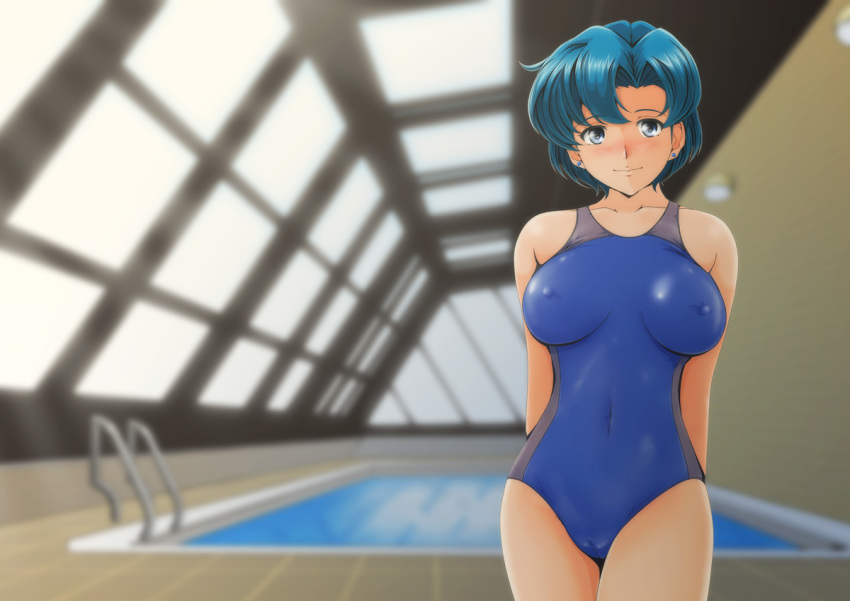 1girl bishoujo_senshi_sailor_moon blue_eyes blue_hair blue_swimsuit breasts breasts_apart cameltoe closed_mouth collarbone competition_swimsuit covered_navel covered_nipples cowboy_shot looking_at_viewer mizuno_ami nanashi_noiji one-piece_swimsuit rei_no_pool short_hair smile solo swimsuit