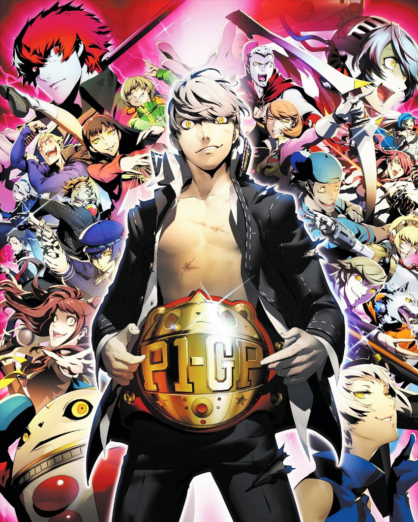 abs adachi_tooru amada_ken amagi_yukiko android bow_(weapon) box_art championship_belt crazy_eyes dark_persona dog elizabeth_(persona) everyone evil_grin evil_smile fighting_pose grin gun hanamura_yousuke hat headphones houndstooth iori_junpei jacket kirijou_mitsuru koromaru kuma_(persona_4) kunai labrys lapel_pin logo looking_at_viewer margaret marie_(persona_4) megami_tensei microphone minazuki_sho multiple_boys multiple_girls narukami_yuu official_art open_clothes open_jacket open_mouth persona persona_3 persona_4 persona_4:_the_ultimate_in_mayonaka_arena persona_4:_the_ultimax_ultra_suplex_hold robot_joints sanada_akihiko satonaka_chie school_uniform shadow_(persona) shin_megami_tensei shirogane_naoto smile sword takeba_yukari tatsumi_kanji torn_clothes very_short_hair weapon yellow_eyes