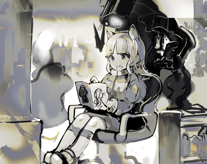 absurdres animal_ears hair_salon highres long_hair magazine open_mouth original robot sitting solo_focus uturo