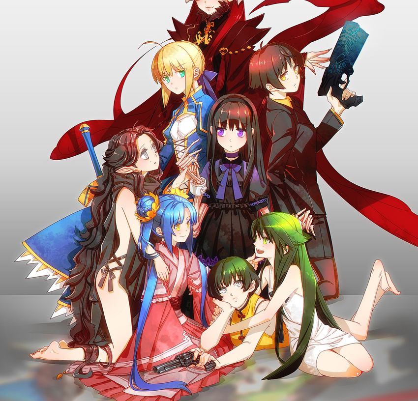 akemi_homura artoria_pendragon_(all) character_request company_connection creator_connection crossover ein_(phantom) fate/zero fate_(series) highres kikokugai kong_ruili lilin99jh long_hair mahou_shoujo_madoka_magica multiple_girls nitroplus phantom_of_inferno psycho-pass red_dragon requiem_for_the_phantom saber saya saya_no_uta tsunemori_akane urobuchi_gen