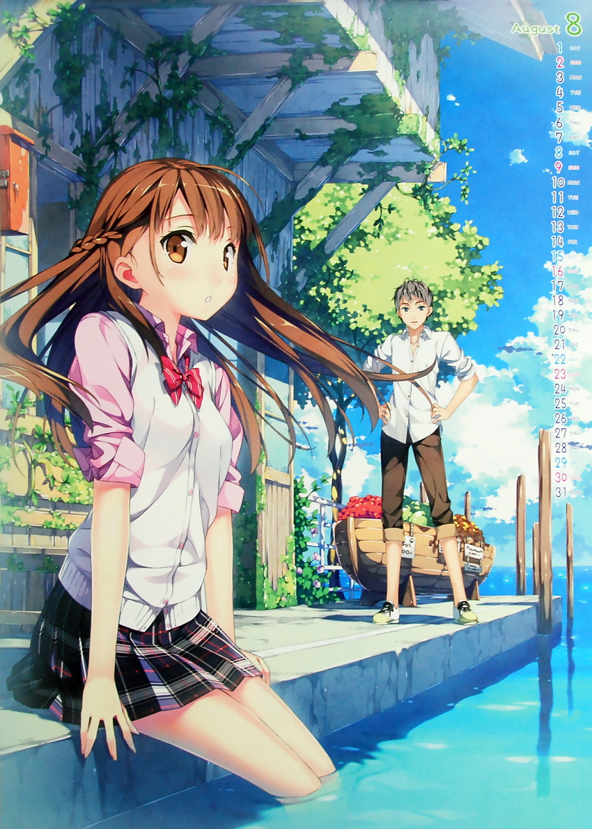 1girl 2015 august awning bangs black_skirt blue_eyes blue_sky blush bow bowtie braid brown_eyes brown_hair building calendar_(medium) cardigan character_request cloud collared_shirt day dock food french_braid full_body grey_hair half_updo hand_on_hip hands_on_hips happy highres horizon kantoku long_hair looking_at_viewer ocean open_mouth original outdoors overgrown pants pants_rolled_up pink_shirt plaid plaid_skirt plant school_uniform shirt shoes short_hair sitting skirt sky sleeves_folded_up sleeves_pushed_up sneakers soaking_feet standing sunlight sweater_vest tree vegetable vest vines water white_shirt wing_collar wooden_wall