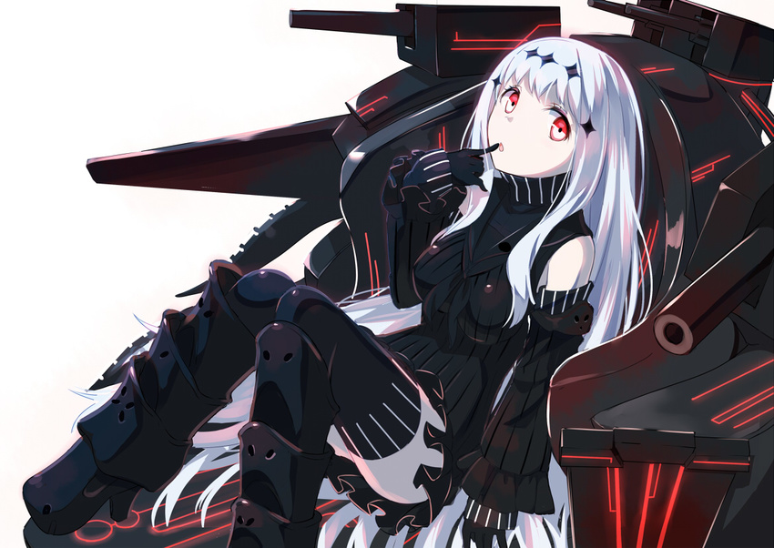 :o aircraft_carrier_water_oni armor armored_boots black_footwear boots breasts detached_sleeves dress finger_to_mouth gochou_(atemonai_heya) hair_ornament high_heel_boots high_heels kantai_collection knee_boots large_breasts long_hair machinery red_eyes ribbed_dress ribbed_sweater sailor_dress shinkaisei-kan short_dress simple_background sleeveless sleeveless_turtleneck solo sweater sweater_dress thighhighs turtleneck very_long_hair white_background white_hair white_skin