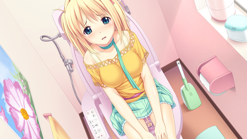 aqua_eyes belt blonde_hair blush breasts flower game_cg green_scarf green_skirt hair_ribbon hands_on_own_knees highres kagurazaka_namine koutaro large_breasts long_hair looking_at_viewer open_mouth pee peeing pink_belt poster_(object) red_ribbon ribbon scarf shirt sitting skirt solo sunlight tears toilet toilet_brush toilet_paper toilet_use towel tropical_vacation window yellow_shirt