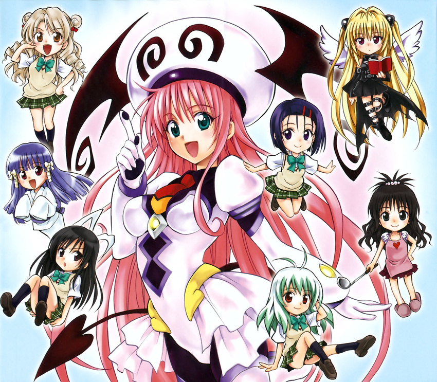 antenna_hair black_hair blonde_hair bodysuit book breasts brown_eyes chibi chibi_inset ghost gloves green_eyes green_hair hair_ornament hair_ribbon hairclip hat konjiki_no_yami kotegawa_yui ladle lala_satalin_deviluke leotard long_hair medium_breasts multiple_girls murasame_oshizu necktie open_mouth peke plaid plaid_skirt purple_eyes purple_hair red_eyes ribbon run_elsie_jewelria sairenji_haruna school_uniform skirt smile tail tenjouin_saki thigh_strap to_love-ru wings yabuki_kentarou yuuki_mikan