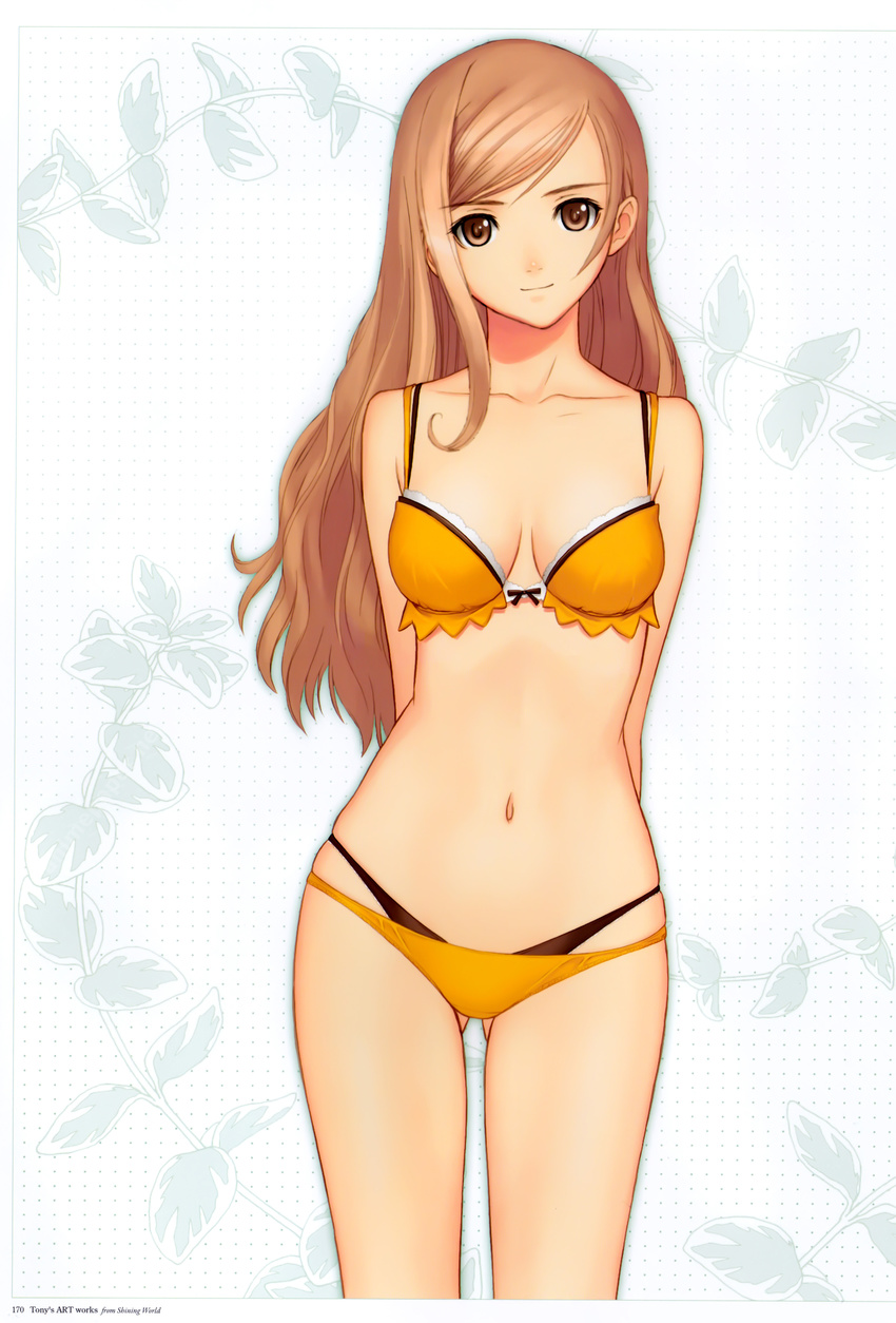 absurdres bikini breasts brown_eyes cleavage highres long_hair medium_breasts orange_bikini shining_(series) shining_wind solo swimsuit tanaka_takayuki touka_kureha white_background