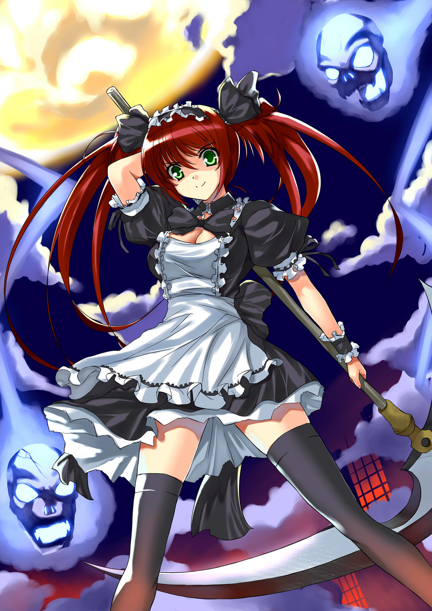 absurdres airi_(queen's_blade) breasts cloud green_eyes highres large_breasts maid moon night queen's_blade redcomet scythe skull sky solo thighhighs