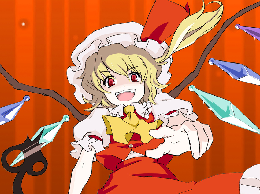 blonde_hair fangs flandre_scarlet foreshortening hands hasegawa_keita hat one_side_up pointing ponytail red_eyes short_hair solo touhou wings