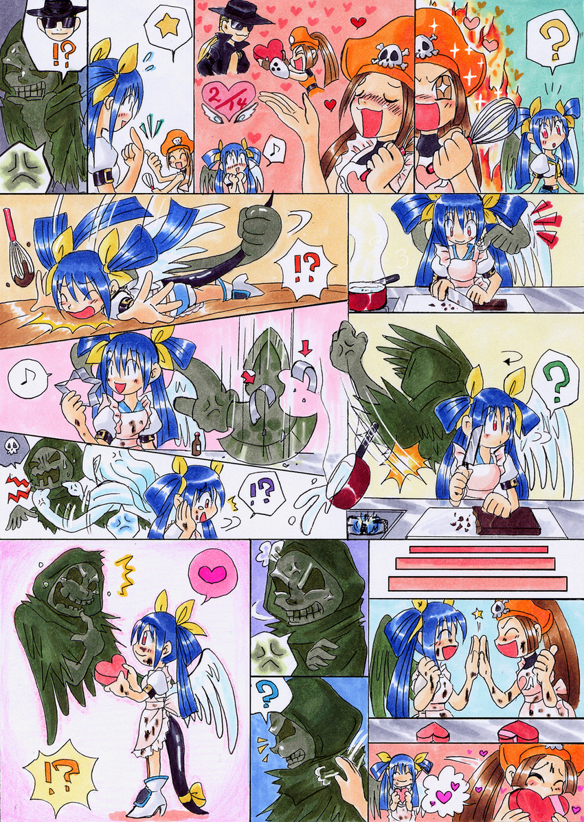 1boy 2girls ? anger_vein apron blue_hair chocolate chocolate_making comic dizzy eighth_note gift guilty_gear hair_ribbon hat heart highres hououji_arashi johnny_sfondi may_(guilty_gear) multiple_girls musical_note necro_(guilty_gear) orange_hat pirate_hat red_eyes ribbon silent_comic speech_bubble spoken_anger_vein spoken_heart spoken_musical_note spoken_question_mark star tail tail_pull tail_ribbon undine_(guilty_gear) valentine whisk