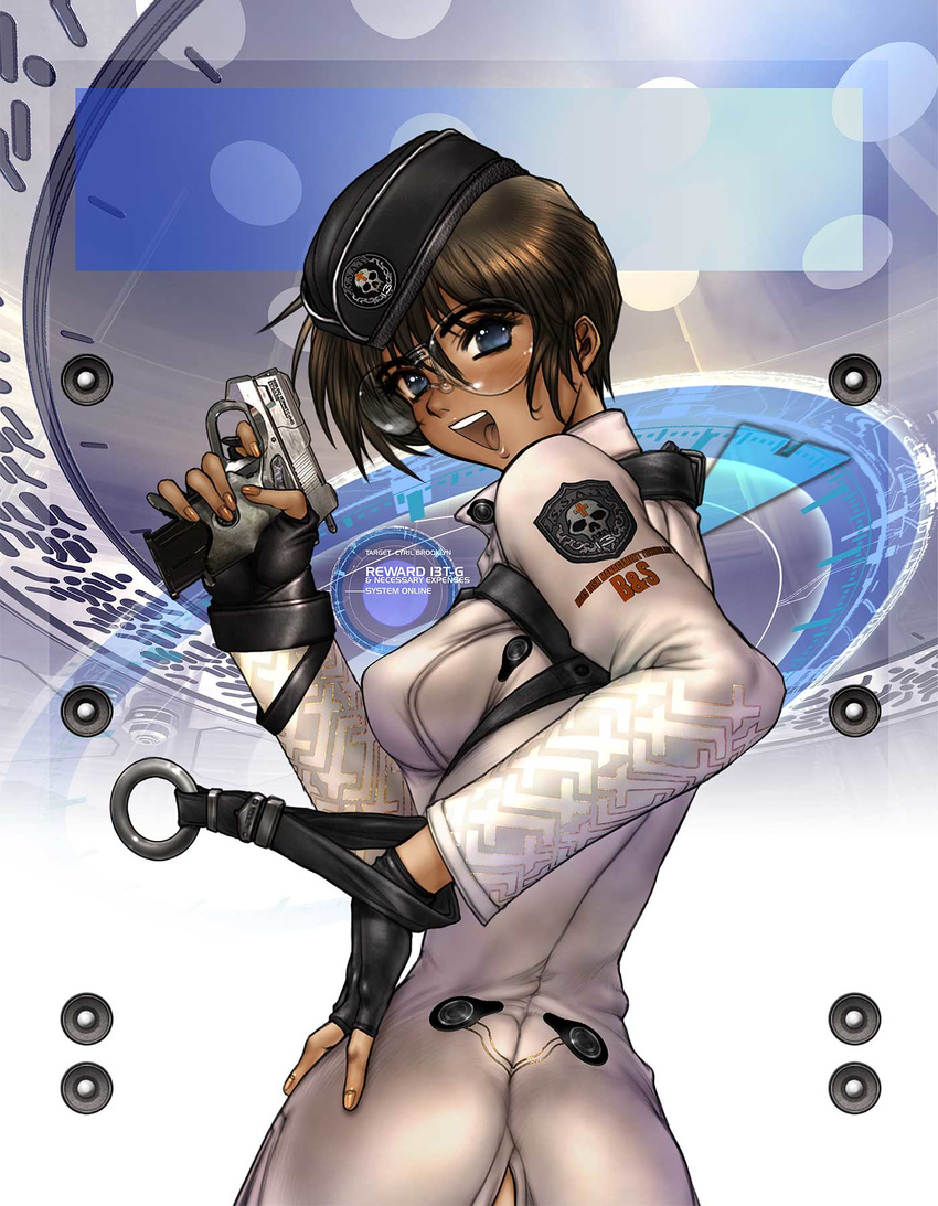 ass blue_eyes brown_hair cyril_brooklyn galgrease galhound glasses gloves gun handgun hat highres looking_back pistol shirou_masamune short_hair solo uniform weapon