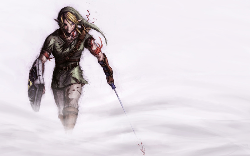 astor_alexander blonde_hair blood blue_eyes fog gloves hat highres holding holding_sword holding_weapon injury left-handed link male_focus manly master_sword muscle older pointy_ears scar shield solo sword the_legend_of_zelda torn_clothes tunic vambraces wallpaper weapon