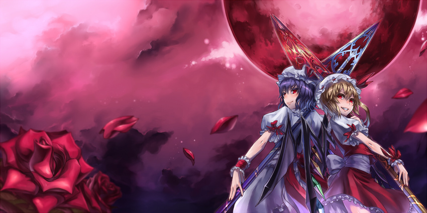 2girls blonde_hair blue_hair flandre_scarlet flower hat moon multiple_girls nail_polish one_side_up petals red_eyes red_moon red_nails remilia_scarlet siblings sisters smile touhou wallpaper weapon wrist_cuffs
