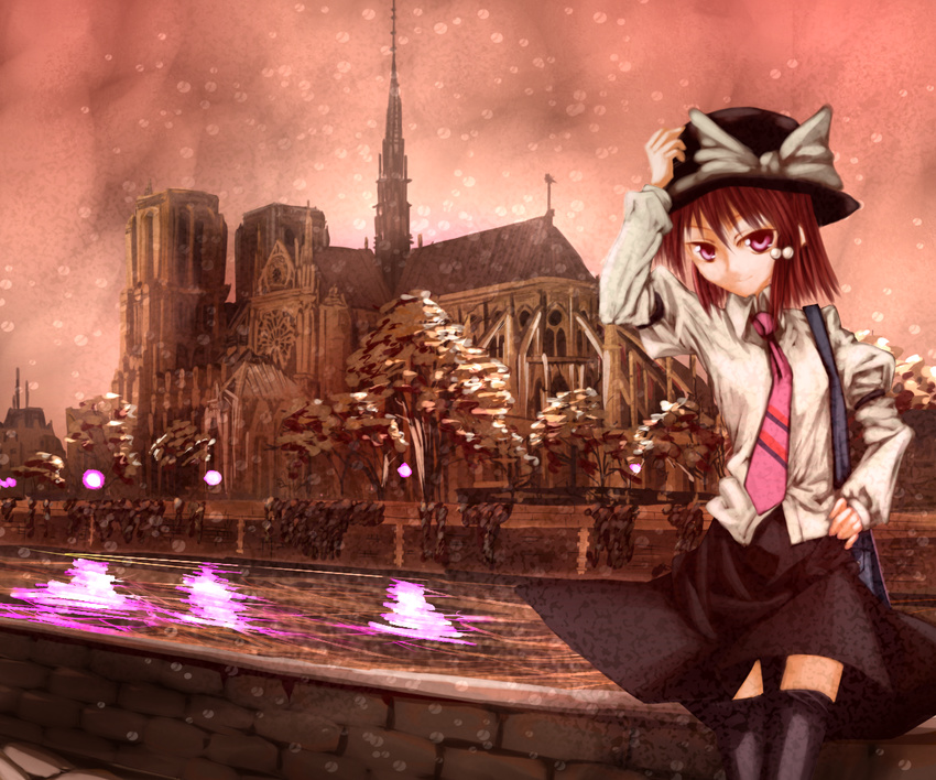 architecture church flying_buttress gothic_architecture hat notre_dame_de_paris ruka scenery snow solo thighhighs touhou usami_renko