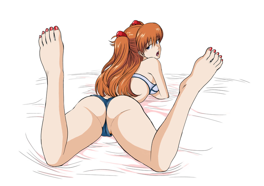 ass barefoot blue_eyes feet highres kamitsuki_manmaru legs_up long_hair looking_back lying nail_polish neon_genesis_evangelion on_stomach open_mouth orange_hair red_nails solo souryuu_asuka_langley the_pose toenail_polish toes two_side_up