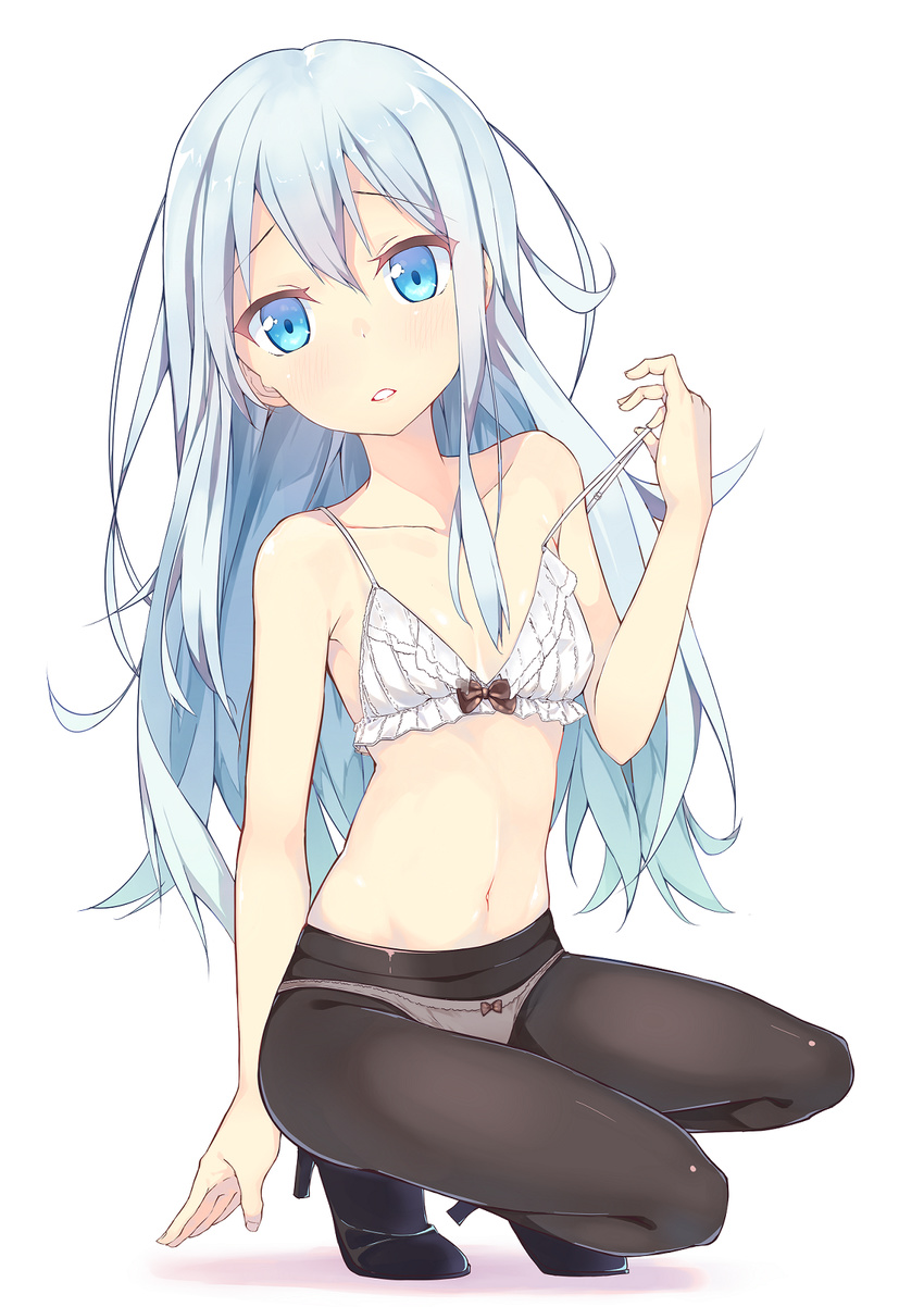 bare_shoulders black_legwear blue_eyes bow bow_panties bra collarbone full_body hibiki_(kantai_collection) high_heels highres kantai_collection long_hair looking_at_viewer navel no_hat no_headwear panties panties_under_pantyhose pantyhose parted_lips pulled_by_self silver_hair simple_background solo squatting strap_pull tunamayochan underwear underwear_only very_long_hair white_background white_bra white_panties