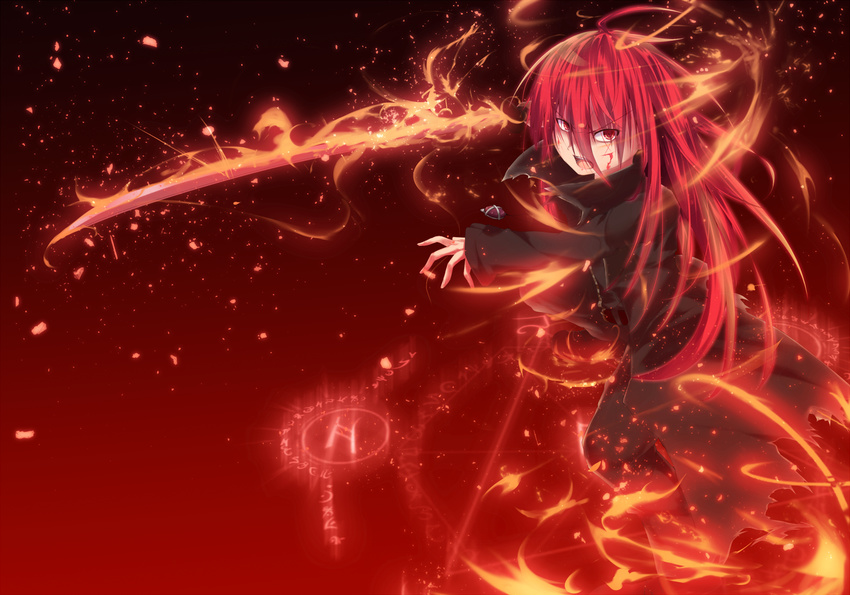 alastor_(shakugan_no_shana) blood coat fire highres jewelry long_hair magic_circle nakadadaichi pendant red_eyes red_hair shakugan_no_shana shana sword weapon