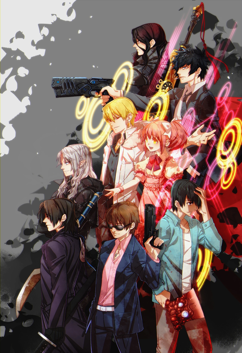 6+boys alternate_hair_length alternate_hairstyle axe black_hair blonde_hair crossover dominator_(gun) earrings fate/zero fate_(series) formal gilgamesh gun hair_ribbon handgun highres jewelry kaname_madoka kikokugai kong_taoluo kougami_shin'ya lilin99jh lou_zhenjie mahou_shoujo_madoka_magica multiple_boys multiple_girls necklace phantom_of_inferno pink_eyes pink_hair psycho-pass qisha_tianling red_dragon red_eyes ribbon sakisaka_fuminori saya_no_uta short_hair short_twintails smile suit sword twintails ultimate_madoka urobuchi_gen weapon zwei