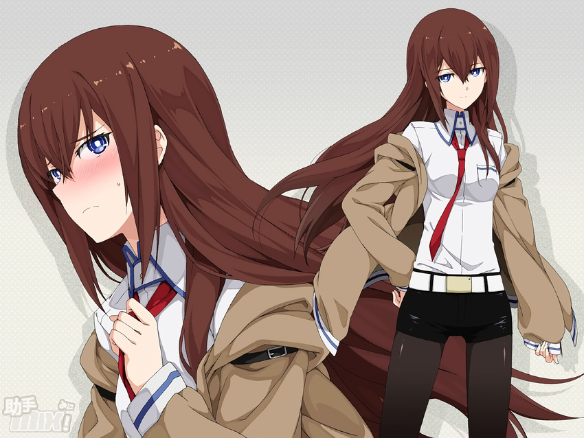 absurdres belt blue_eyes blush brown_hair embarrassed hand_on_hip highres huge_filesize jacket legwear_under_shorts long_hair makise_kurisu multiple_views necktie pantyhose red_neckwear saipaco shorts smile steins;gate