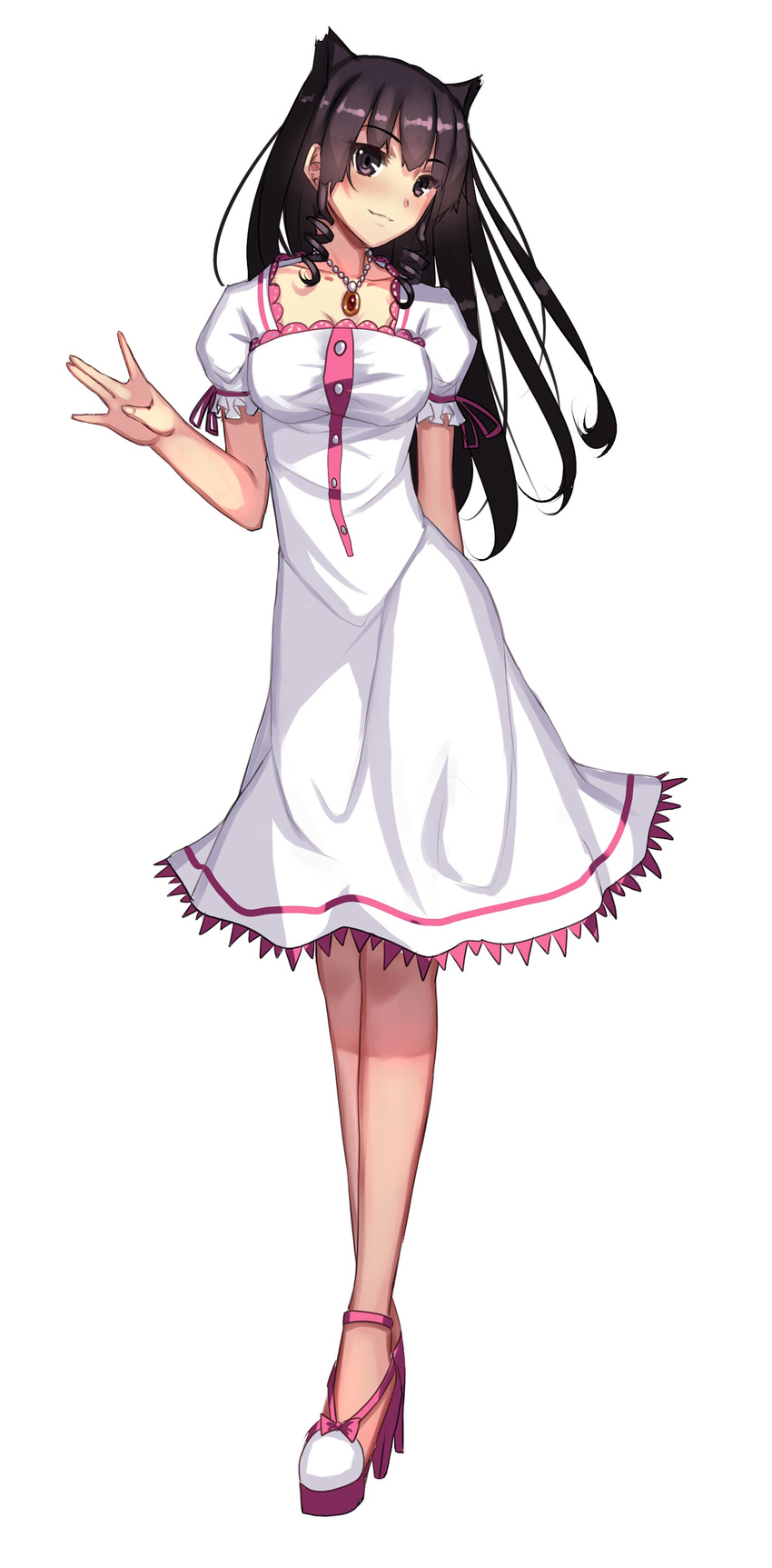 absurdres animal_ears black_eyes black_hair cat_ears dress drill_hair full_body highres long_hair long_legs looking_at_viewer original puffy_short_sleeves puffy_sleeves short_sleeves smile solo standing twin_drills waving weiyinji_xsk white_background white_dress