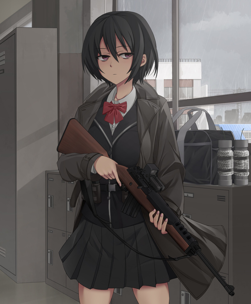 bag black_hair bob_cut commentary eotech erikku_(kata235) explosive gun handbag highres holding holding_gun holding_weapon lavender_eyes locker original pipe_bomb rain ribbon rifle ruger_mini-14 school_bag school_uniform short_hair sling solo trench_coat trigger_discipline weapon