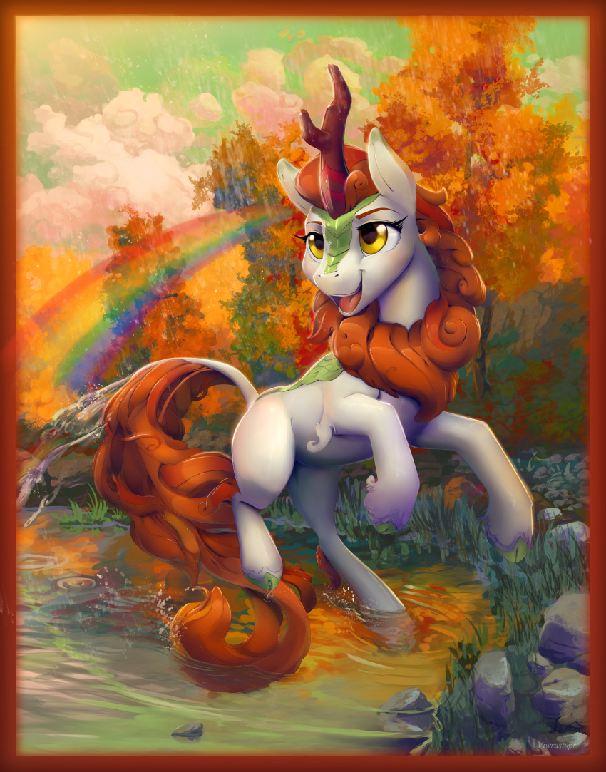 2019 absurd_res autumn_blaze_(mlp) cloud cloven_hooves detailed_background digital_media_(artwork) feral friendship_is_magic hi_res hooves kirin my_little_pony open_mouth outside rainbow solo tree viwrastupr water